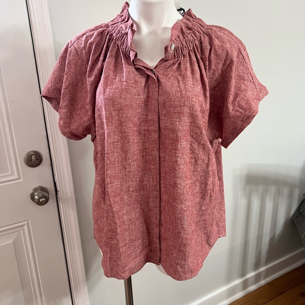 Finley Jenny Ruffle Accent Hemp Blend Pink Flutter Sleeve Shirt - Picture 3 of 8